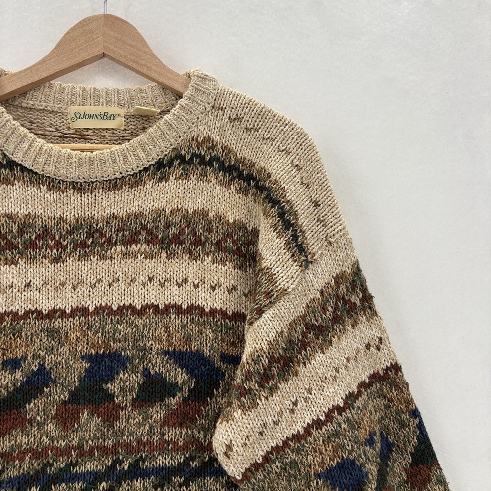 Vintage St Johns Bay Sweater Mens Large Beige Ramie Cotton Linen Geometric 90s - Picture 2 of 11